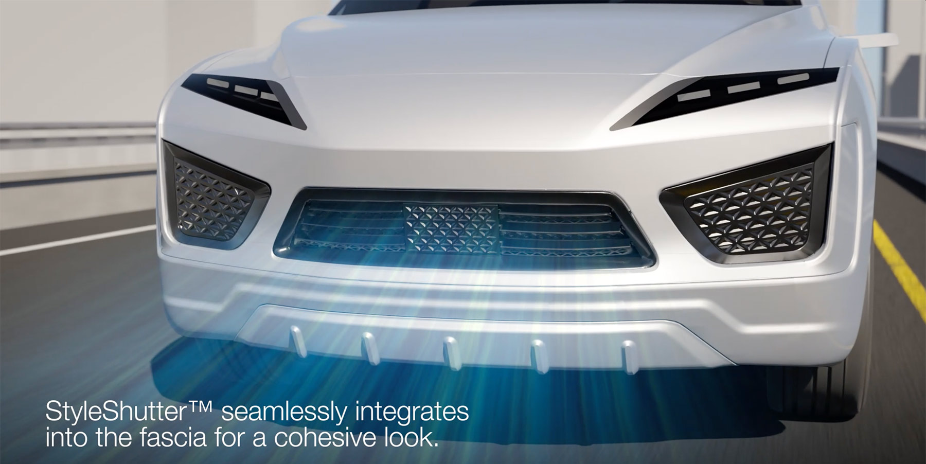 车辆前部特写，配备Magna的StyleShutter™主动式进气格栅系统