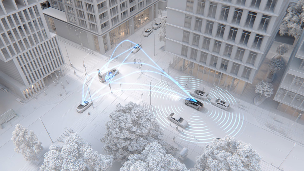 汽车在城市中行驶时通过ADAS技术与其他车辆实现互联