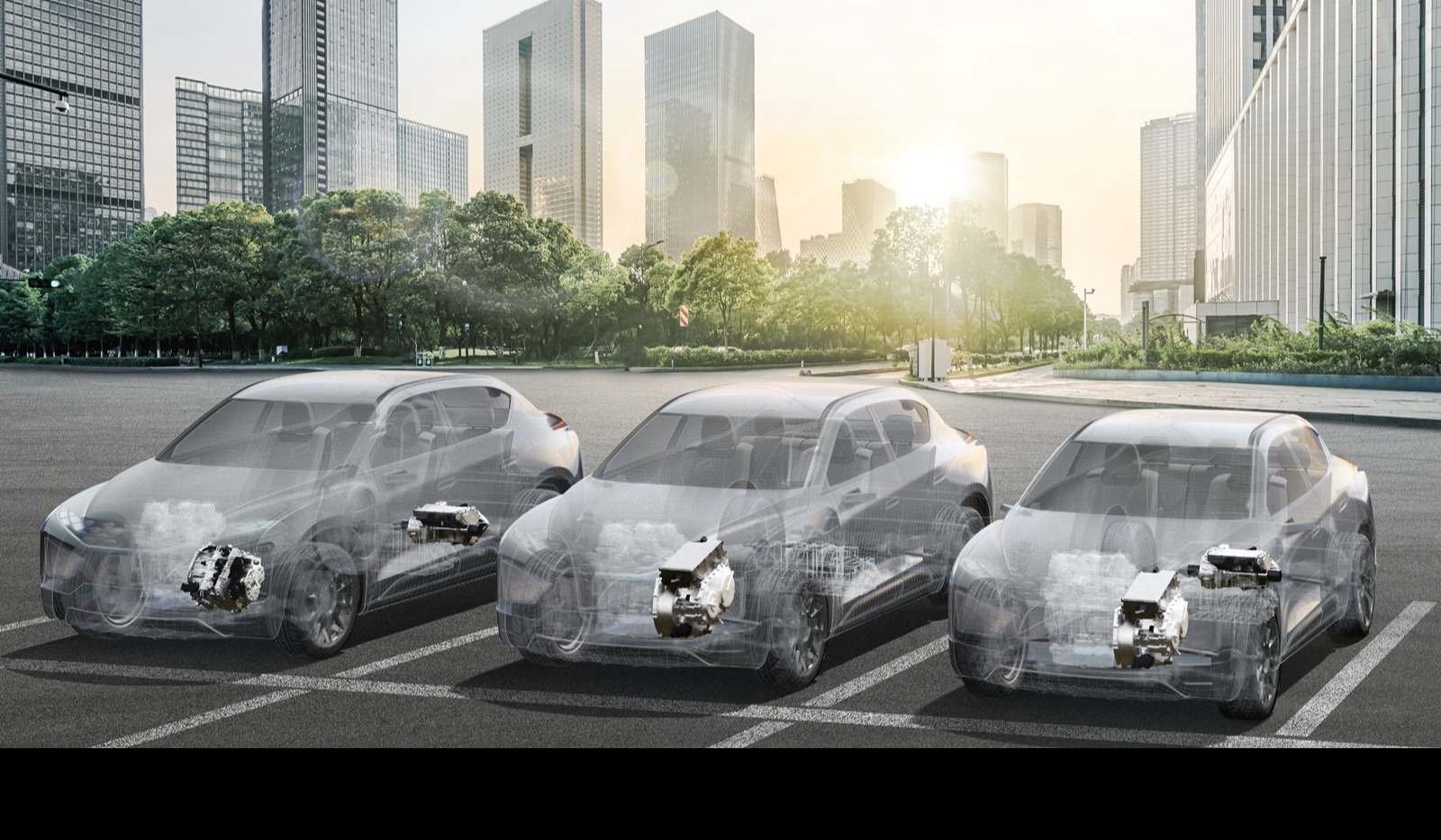 Three transparent electric vehicles parked in a city lot showing internal drive units and powertrain systems