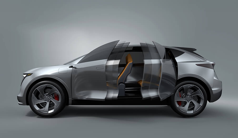 Vehicle with SmartAccess Power Doors showing various stages of the door opening